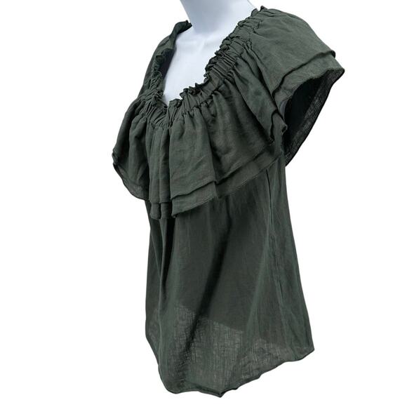 Young Fabulous and Broke Linen Blouse SZ Green Off Shoulder Pullover Ruffle Boho - Picture 3 of 7